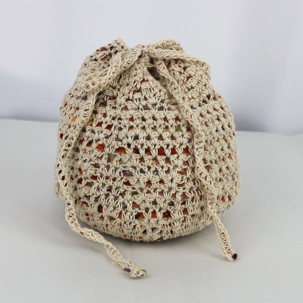 Cream Multicolor Crochet Drawstring Pouch Bag